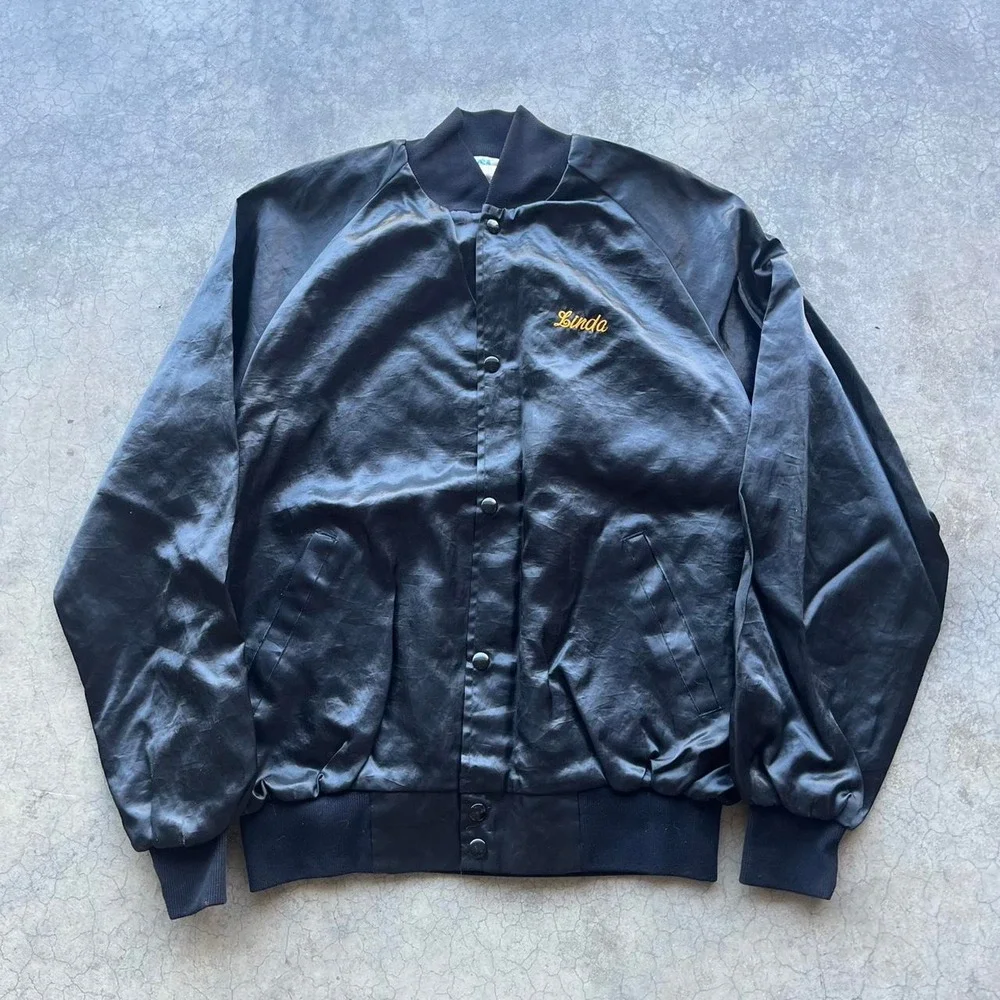 Vintage black satin bomber jacket Linda John Rick ltd Large
